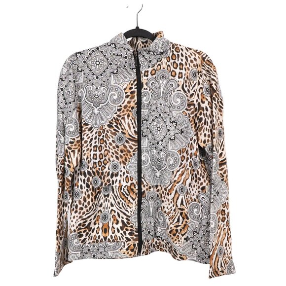 Onque Casuals Leopard Paisley Jacket L Womens Full Zip Pockets Black White Brown - Picture 1 of 4